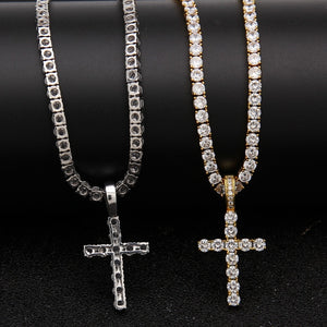 Glam Gold Cubic Zirconia Cross Pendant With 4mm CZ Tennis Chains Necklace