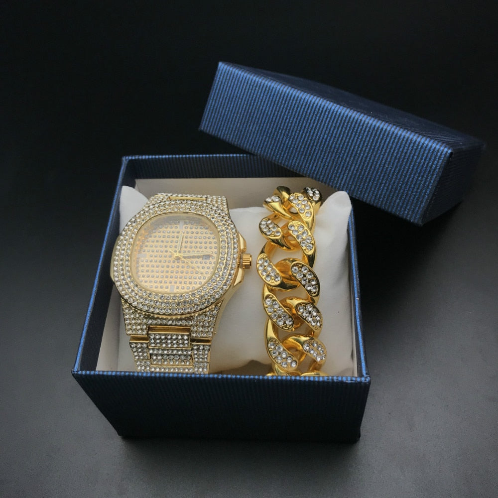 Glam Gold Men Bracelets Gold Color Iced Out Crystal Miami Cuban