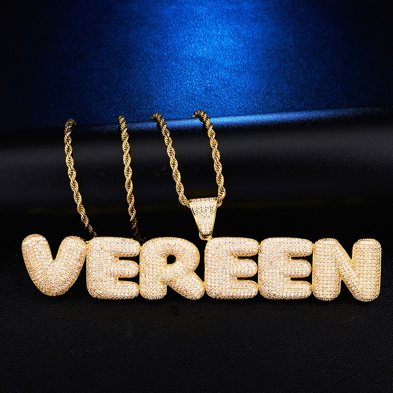 Glam Gold Custom Name Iced Out Bubble Letters Chain Pendants Necklaces