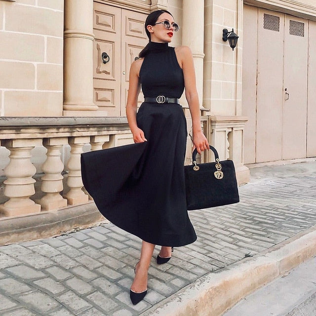 Elegant Halter Black Dress Female