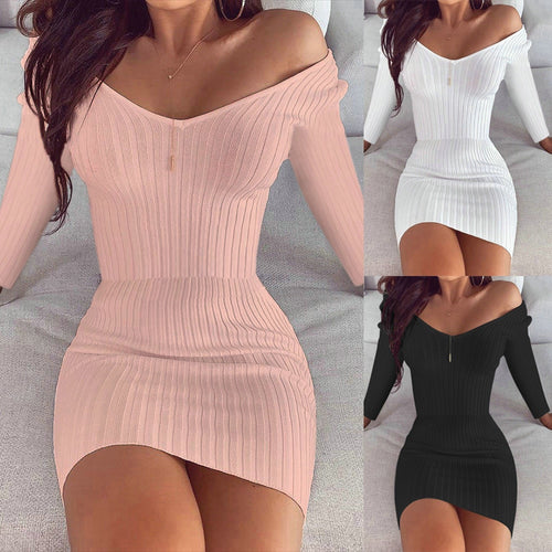 Knitting Long Sleeve Off Shoulder Sexy Bodycon Dress