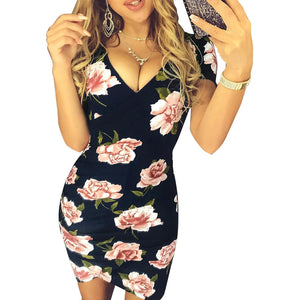 Bodycon Dress Deep V-Neck Sleeveless Flower Print Mini Dress