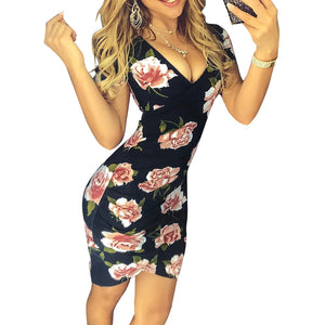 Bodycon Dress Deep V-Neck Sleeveless Flower Print Mini Dress