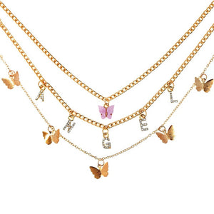 BOHO Golden Multilayer Butterfly Charms Chain Necklace