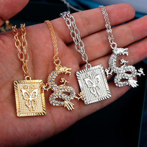 2Pcs Multilayer Crystal Dragon Square Necklace