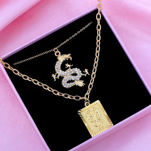 2Pcs Multilayer Crystal Dragon Square Necklace