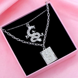 2Pcs Multilayer Crystal Dragon Square Necklace