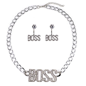 Glam Gold BOSS Luxury Letter Pendant Chain Necklace Set Earrings