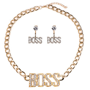 Glam Gold BOSS Luxury Letter Pendant Chain Necklace Set Earrings