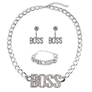 Glam Gold BOSS Luxury Letter Pendant Chain Necklace Set Earrings