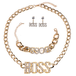 Glam Gold BOSS Luxury Letter Pendant Chain Necklace Set Earrings