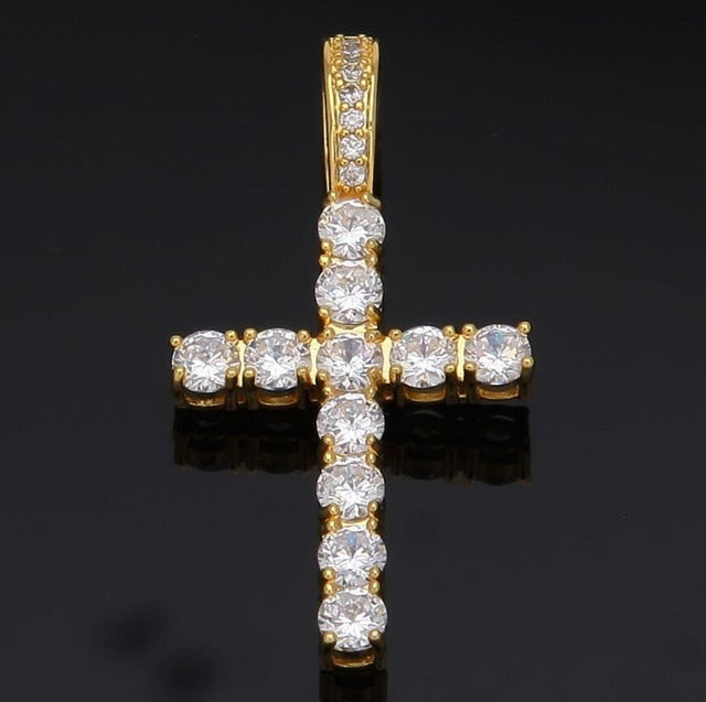 Glam Gold Cubic Zirconia Cross Pendant With 4mm CZ Tennis Chains Necklace